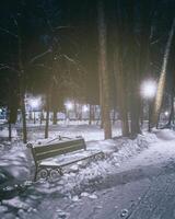 inverno notte parco con alberi, raggiante lanterne e panchine coperto con neve. Vintage ▾ film estetico. foto