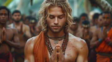 giovane bionda uomo nel tradizionale abbigliamento Meditare pacificamente foto