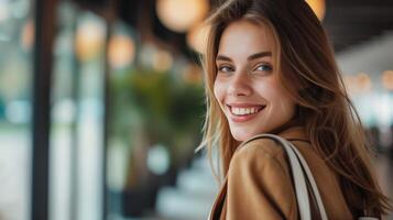 radiante giovane donna sorridente nel città elegante stile foto