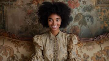 elegante giovane donna con afro acconciatura nel un' Vintage ▾ ambientazione. foto