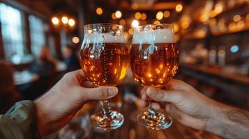 amici tostatura con mestiere birra bicchieri nel un' caldo pub atmosfera. foto