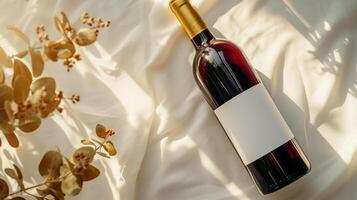 elegante rosso vino bottiglia su seta con spazio per il branding nel soleggiato. piatto posizione, modello. foto