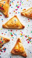 Purim triangolare biscotti con Hamantaschen o un uomo orecchie , colorato caramella per ebraico vacanza di Purim celebrazione su blu carta sfondo con spazio per testo. superiore Visualizza. foto