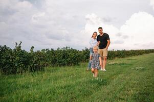 contento famiglia a piedi nel il parco. mamma, papà e figlia camminare all'aperto, genitori Tenere il bambino ragazze mani. infanzia, genitorialità, famiglia obbligazioni, matrimonio concetto. foto