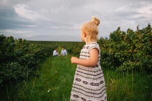 contento famiglia a piedi nel il parco. mamma, papà e figlia camminare all'aperto, genitori Tenere il bambino ragazze mani. infanzia, genitorialità, famiglia obbligazioni, matrimonio concetto. foto