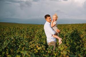 ritratto di carino poco ragazza tenuto nel Il padre di braccia. contento amorevole famiglia. padre e il suo figlia bambino ragazza giocando abbracciare. carino bambino e papà. foto