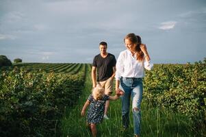 contento famiglia con poco figlia la spesa tempo insieme nel soleggiato campo. foto