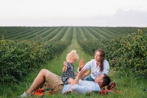 contento famiglia con poco figlia la spesa tempo insieme nel soleggiato campo foto