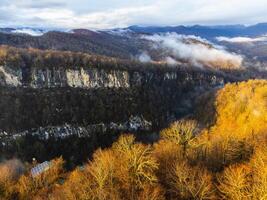 autunno foresta contro il fondale di canyon e montagne foto