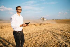 contento contadino nel il campo controllo Mais impianti durante un' soleggiato estate giorno, agricoltura e cibo produzione concetto foto