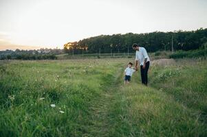 bello papà con il suo poco carino figlio siamo avendo divertimento e giocando su verde erboso prato. contento famiglia concetto. bellezza natura scena con famiglia all'aperto stile di vita. famiglia riposo insieme. padri giorno. foto