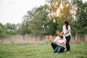 padre, madre e figlio giocando con giocattolo aereo nel il parco. amichevole famiglia. persone avendo divertimento all'aperto. immagine fatto su il sfondo di il parco e blu cielo. concetto di un' contento famiglia. foto