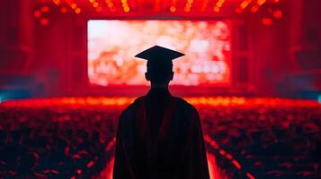 silhouette di valedictorian consegna avvio discorso su futuristico palcoscenico con vivace guidato foto