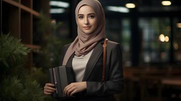 ai generato bellissimo musulmano donna nel hijab Tenere libro all'aperto. attività commerciale concetto foto