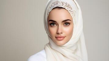 ai generato ritratto di bellissimo giovane musulmano donna nel hijab. religioso, moda concetto foto