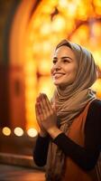 ai generato bella musulmano donna indossare sciarpa preghiere e sorridente su bokeh sfondo. religioso, pace e felicità concetto foto