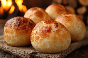 pao de queijo brasiliano formaggio pane nel il cucina tavolo professionale pubblicità cibo fotografia foto