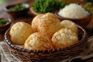 pao de queijo brasiliano formaggio pane nel il cucina tavolo professionale pubblicità cibo fotografia foto