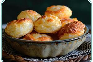 pao de queijo brasiliano formaggio pane nel il cucina tavolo professionale pubblicità cibo fotografia foto