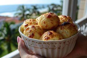 pao de queijo brasiliano formaggio pane nel il cucina tavolo professionale pubblicità cibo fotografia foto