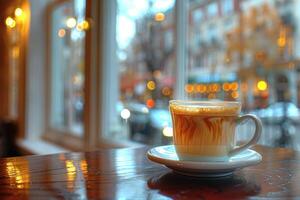 mattina caldo tazza di caffè nel il bar tavolo professionale pubblicità cibo fotografia foto