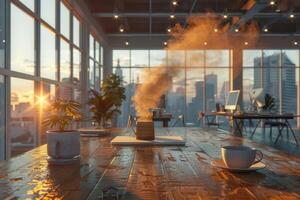 mattina caldo tazza di caffè nel il bar tavolo professionale pubblicità cibo fotografia foto