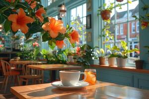 mattina caldo tazza di caffè nel il bar tavolo professionale pubblicità cibo fotografia foto