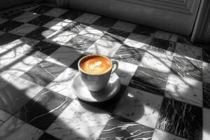 mattina caldo tazza di caffè nel il bar tavolo professionale pubblicità cibo fotografia foto