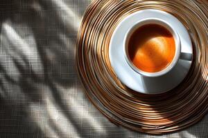 mattina caldo tazza di caffè nel il bar tavolo professionale pubblicità cibo fotografia foto