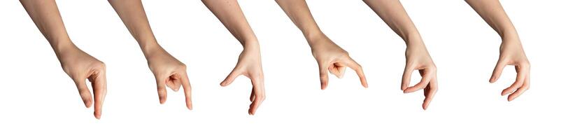 femmina mano mostrando gesti. bianca palma, braccio, dita nel vario segni. concetto isolato icona impostare. foto