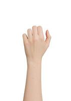femmina mano gesto. donna S palma mostrando stretto cazzotto, dito, polso cartello. concetto isolato icona foto