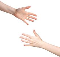 femmina mano gesti, bianca sfondo. palma e dita nel dorsale Visualizza, mostrando segni, non verbale foto