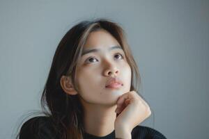 ritratto di pensiero giovane asiatico donna guardare su e toccare mento foto