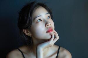 ritratto di pensiero giovane asiatico donna guardare su e toccare mento foto
