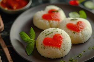 san valentino giorno speciale Sud indiano idli con amore cuori. foto