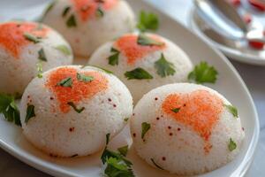 san valentino giorno speciale Sud indiano idli con amore cuori. foto