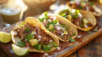 messicano strada tacos barbacoa Carnitas chichar lente bagliore. foto