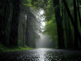 piovoso foresta strada nel il pioggia foto