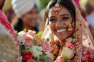 Immagine di un' sorridente indiano sposa Tenere mazzo foto