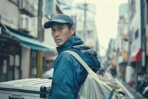 giapponese consegna uomo con bagaglio. foto