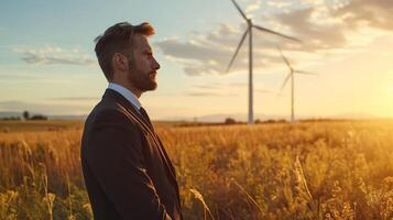 giovane uomo d'affari contro il fondale di vento turbine a tramonto foto