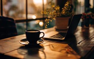 semplicità nel un' bene illuminato spazio di lavoro con un' il computer portatile e un' tazza di caffè foto