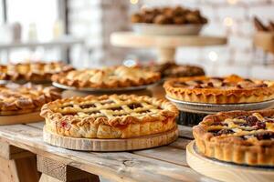 assortimenti di gustoso torte con diverso frutta su un' leggero di legno tavolo nel forno. foto