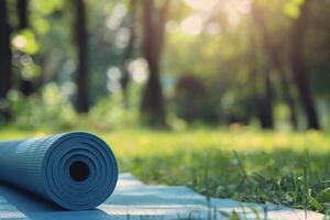 blu fitness stuoia su un' erba nel un' sfocato estate parco su sfondo. avvicinamento. foto