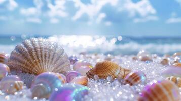 magico beachscape luccicante blu cielo con bianca nuvole, perle e molti Bellissima, colorato, brillante grande conchiglie. foto