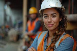 un' fiducioso femmina costruzione supervisore con un' squadra nel il sfondo. foto