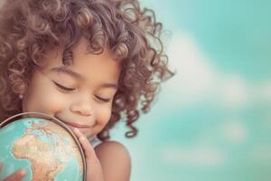 un' giovane bambino con Riccio capelli, loro occhi chiuso nel un' dolce espressione, Abbracciare una persona un' globo con tenerezza e cura foto