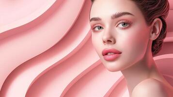 ritratto di un' giovane donna con impeccabile pelle contro un' moderno rosa astratto sfondo foto