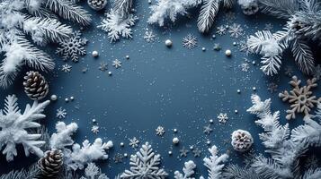 un' blu sfondo con i fiocchi di neve e pino coni foto