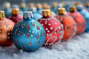 un' riga di Natale ornamenti con blu e rosso disegni foto